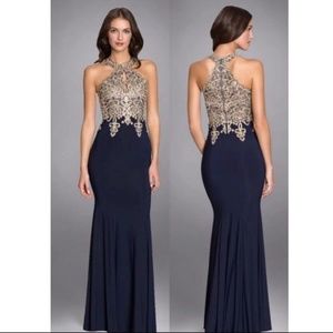 navy and gold prom dress